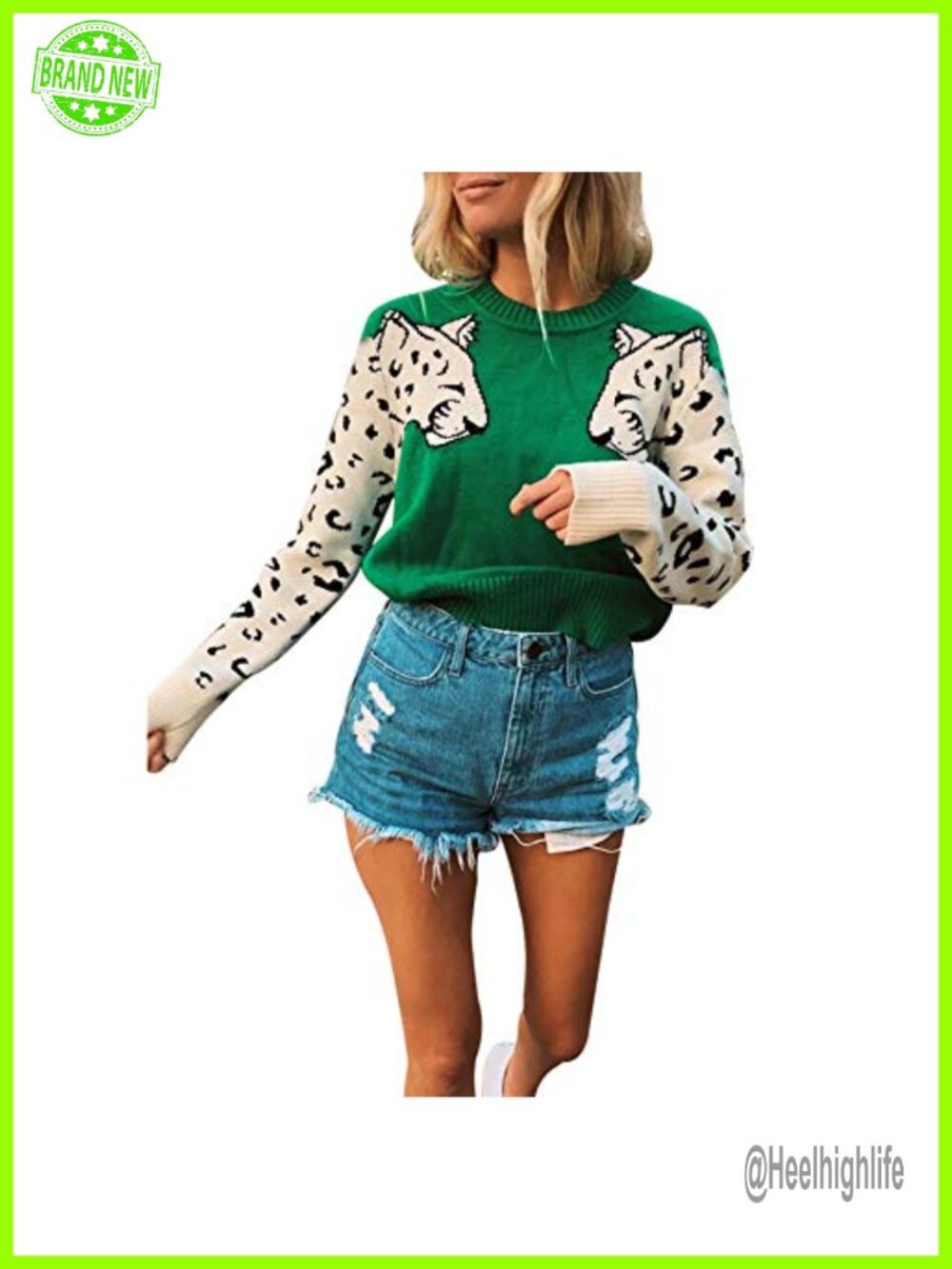 Women's Leopard Print Knitted Pullover Sweater Long Sleeve Crew Neck